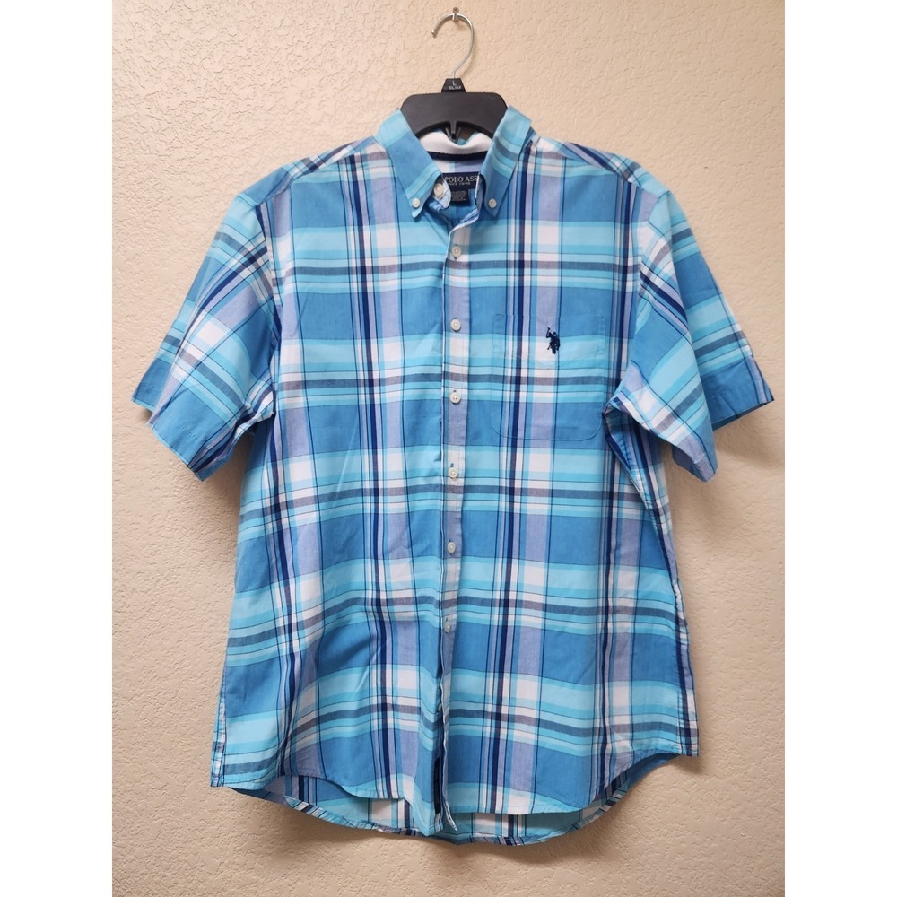 US Polo Assn Mens XL Short Sleeve Button Down Plaid Shirt Blue Check Casual